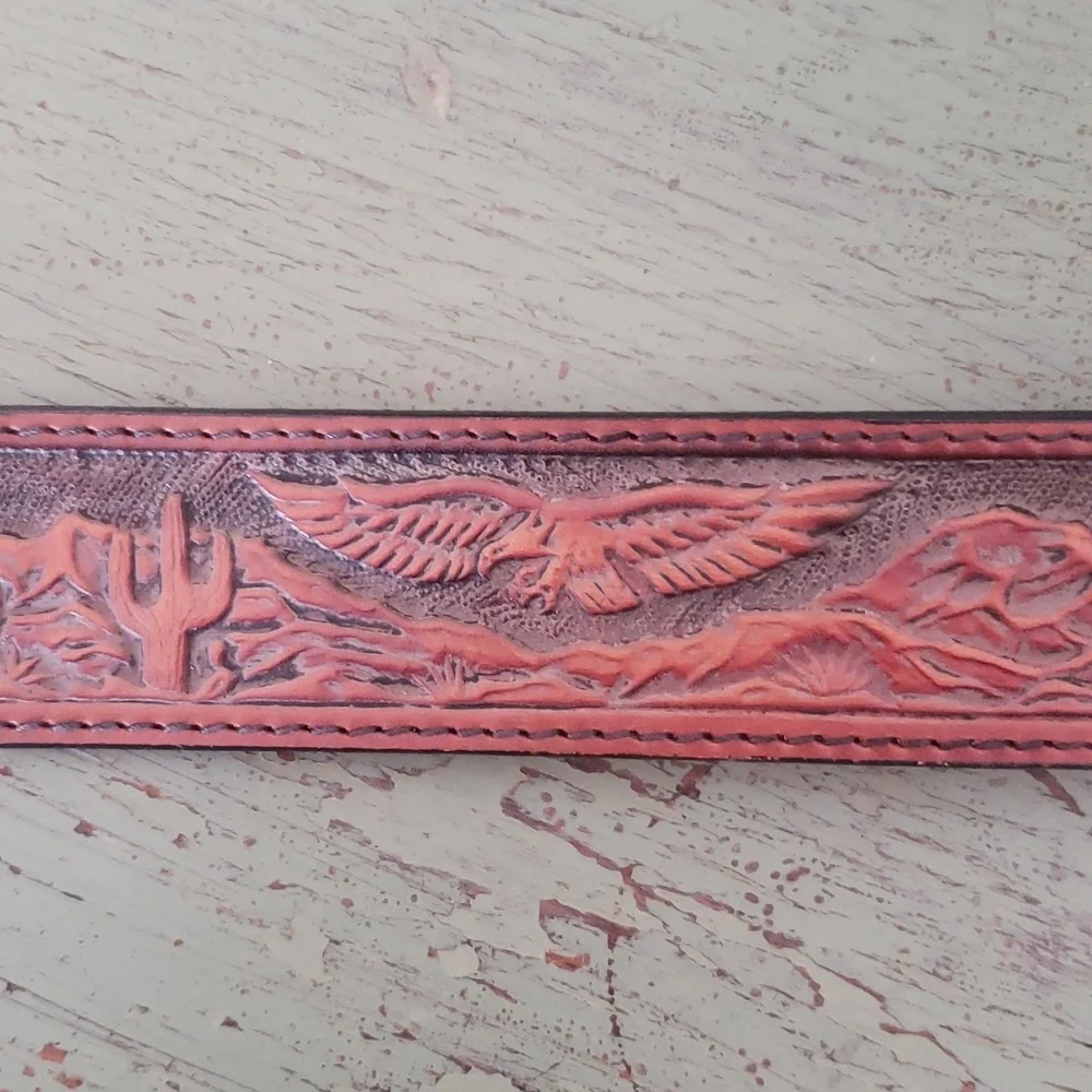 Vintage Tooled Embossed Leather Eagle Cactus Silver Western Belt